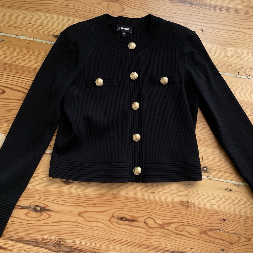 Express Black Ribbed Jacket with Gold Buttons